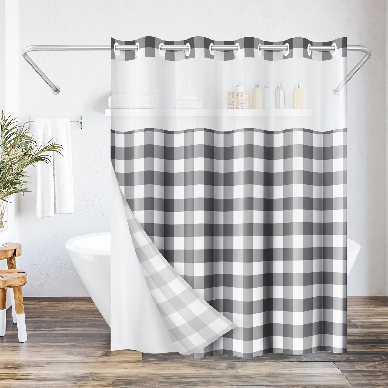 Americanflat 72x75 Hookless Shower Curtain - Water-Resistant Shower Curtain with Sheer Panel, Snap-In Liner, and Grommets - 100% Polyester